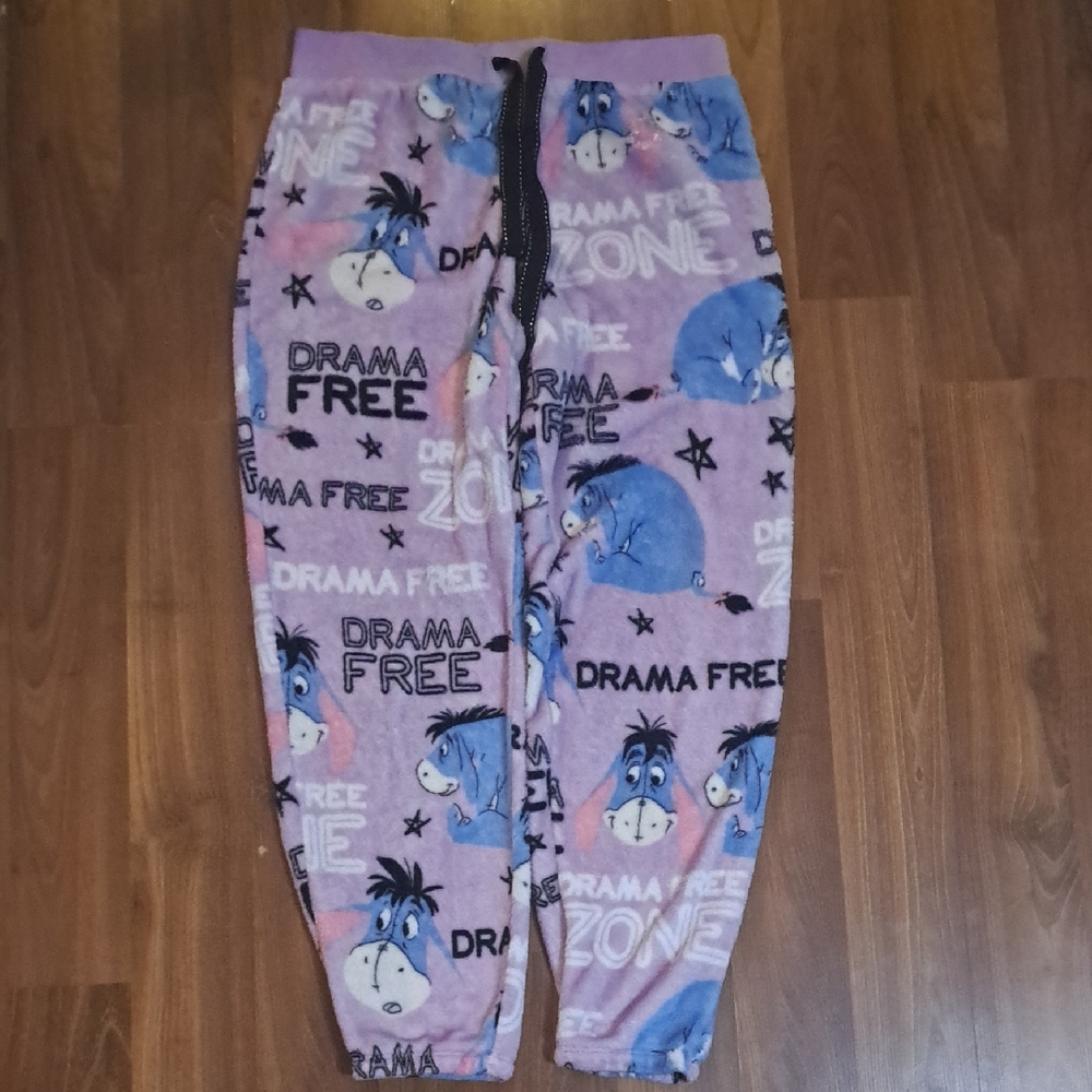 Disney Purple Eeyore 'Drama Free' Fleece Pajama Pants - Flaw, Sticker Residue.